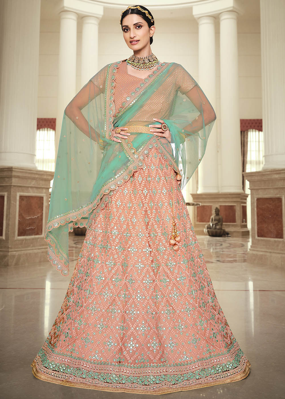 Peach Pink Net Lehenga with Heavy Embroidered work