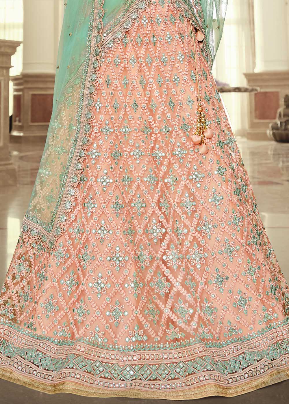 Peach Pink Net Lehenga with Heavy Embroidered work
