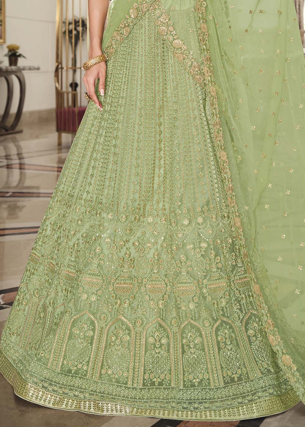 Pastel Green Net Lehenga with Heavy Embroidered Work