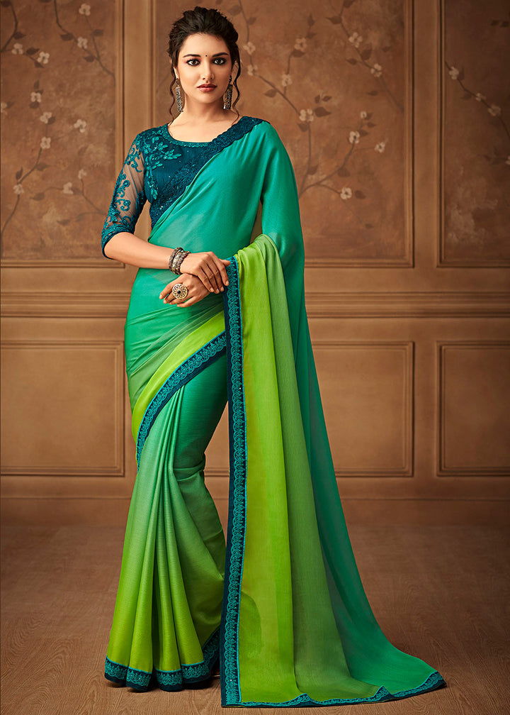 Shades Of Green Designer Embroidered Chiffon Silk Saree with Sequence work
