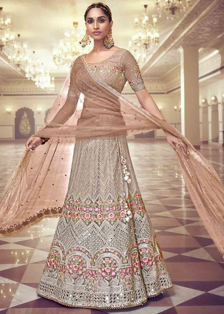 Dusty Sepia Brown Net Lehenga Choli with Floral Embroidery,Jarkan & Mirror work: Top Pick