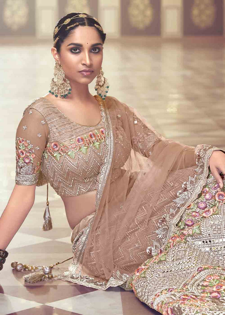Dusty Sepia Brown Net Lehenga Choli with Floral Embroidery,Jarkan & Mirror work: Top Pick