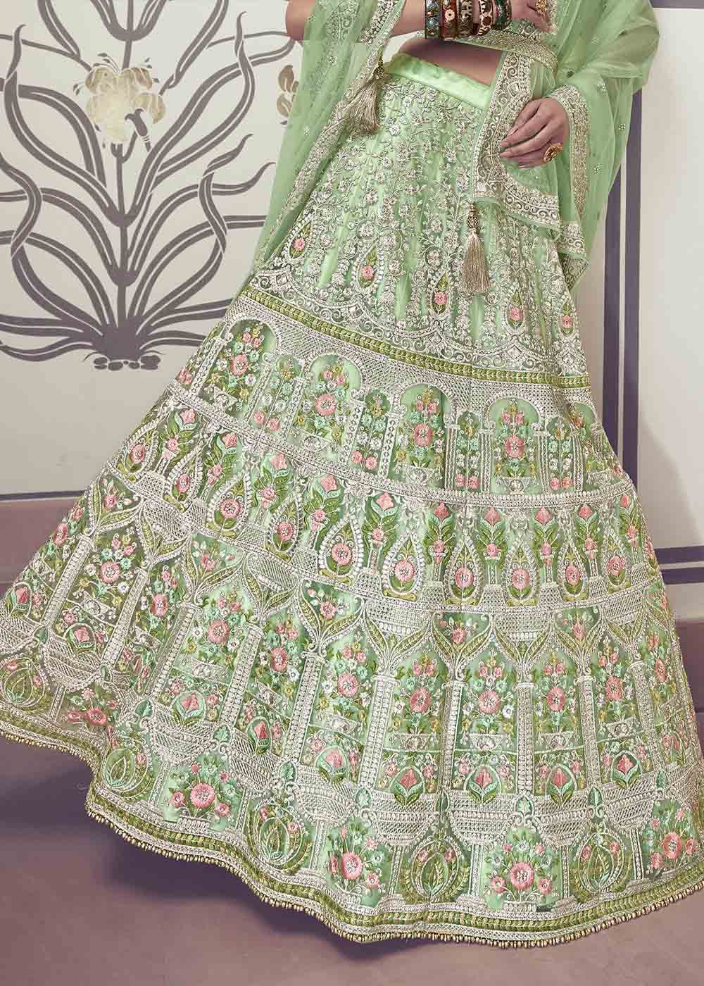 Light Green Net Lehenga Choli with Floral Embroidery,Jarkan & Zari work: Top Pick