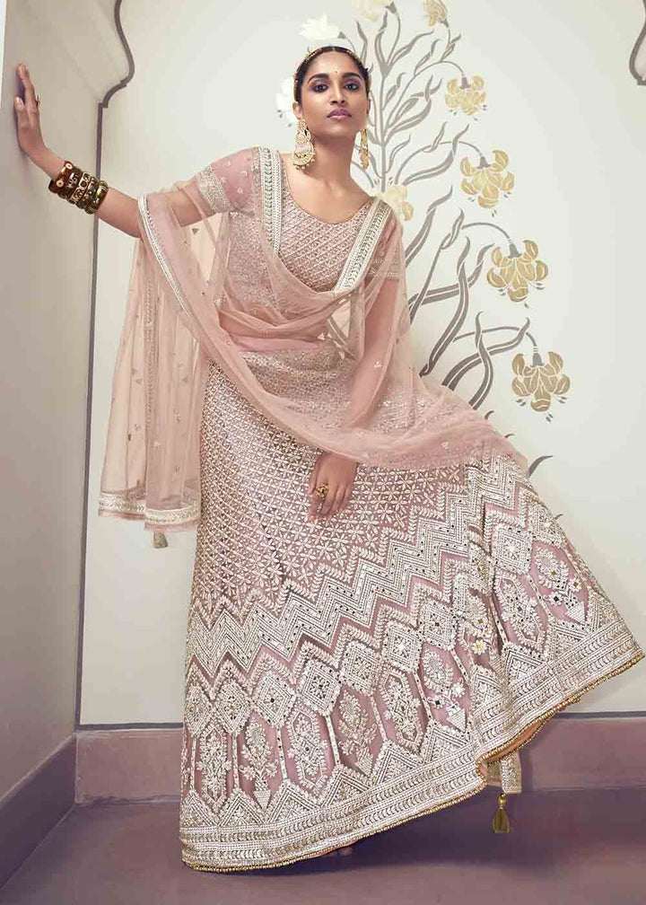 Dusty Pink Net Lehenga Choli with Floral Embroidery,Jarkan, Zari & Mirror work: Top Pick