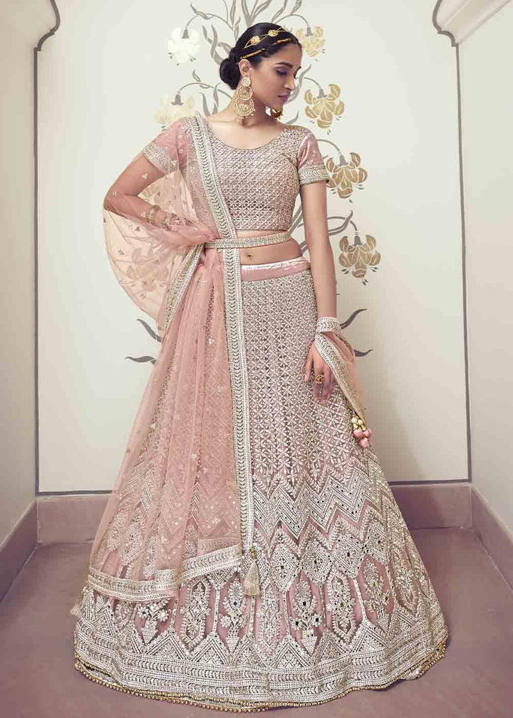 Dusty Pink Net Lehenga Choli with Floral Embroidery,Jarkan, Zari & Mirror work: Top Pick