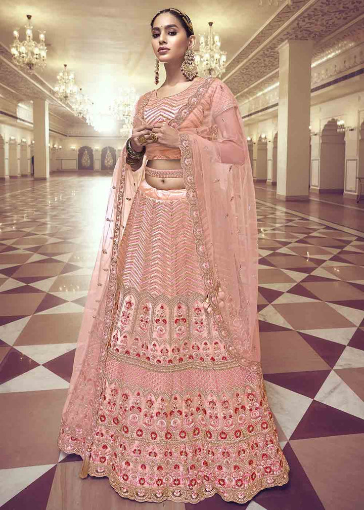 Peach Pink Net Lehenga Choli with Floral Embroidery & Jarkan  work: Top Pick