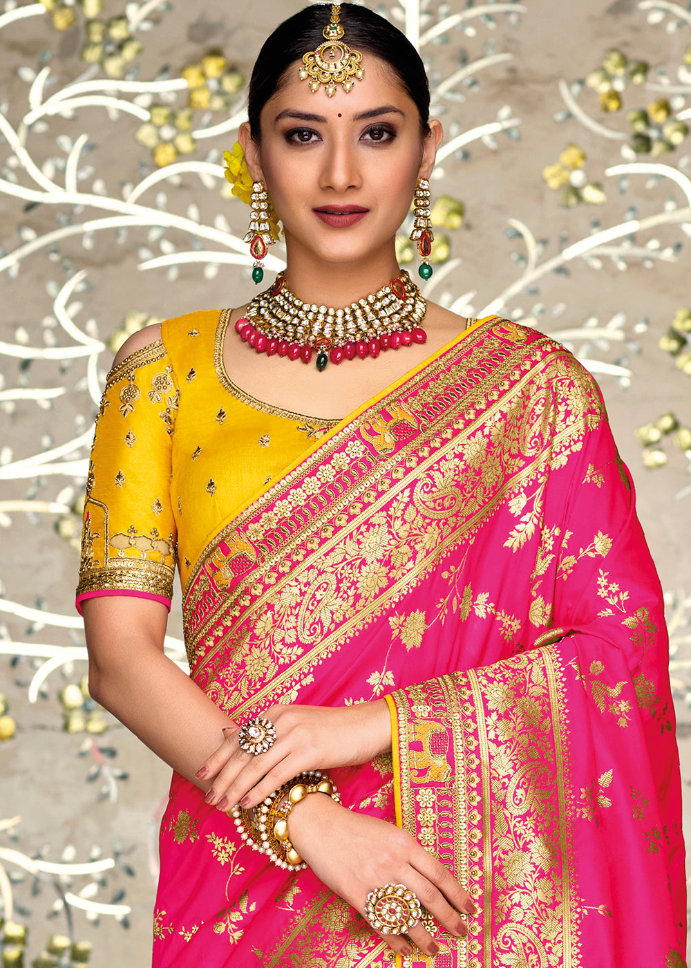 Yellow & Pink Half N Half Banarasi Silk Saree with Embroidered work