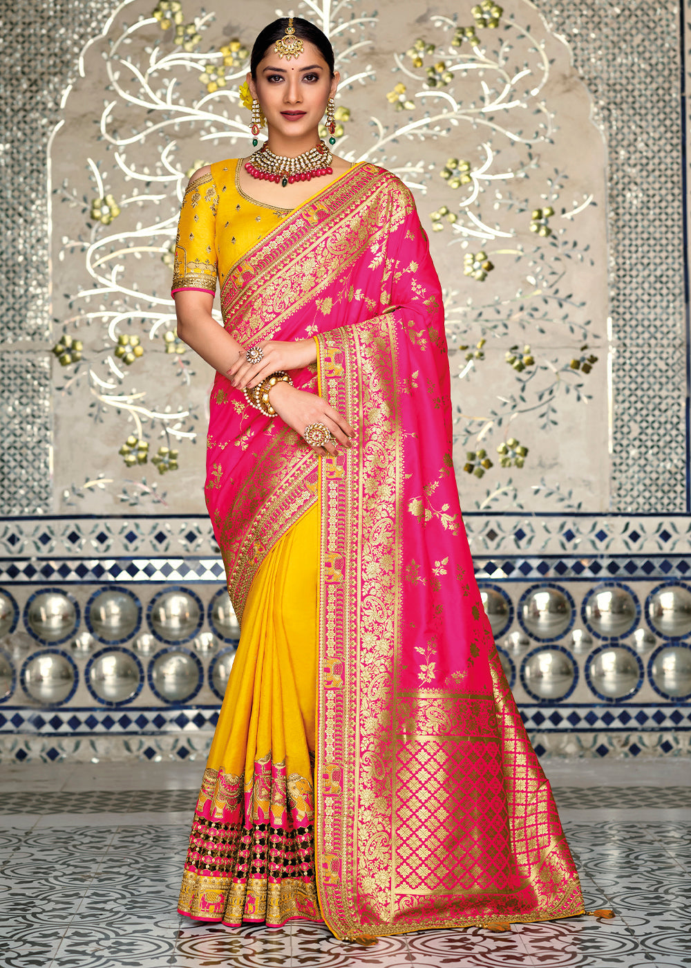 Yellow & Pink Half N Half Banarasi Silk Saree with Embroidered work