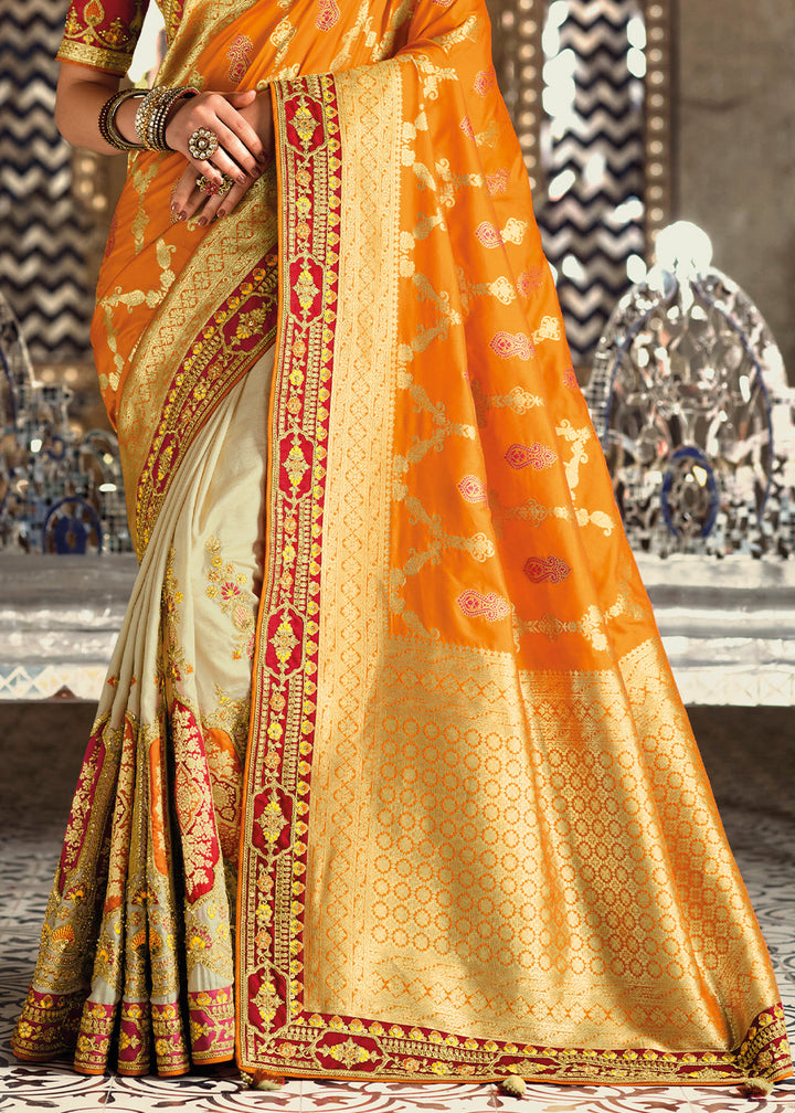 White & Orange Half N Half Banarasi Silk Saree with Embroidered work