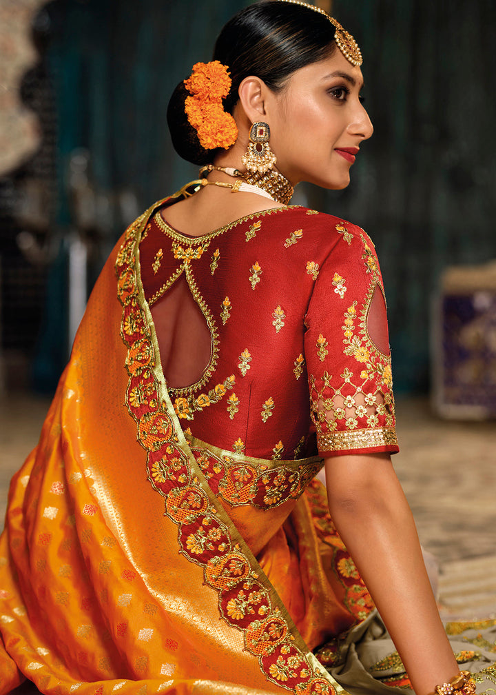 Brown & Orange Half N Half Banarasi Silk Saree with Embroidered work