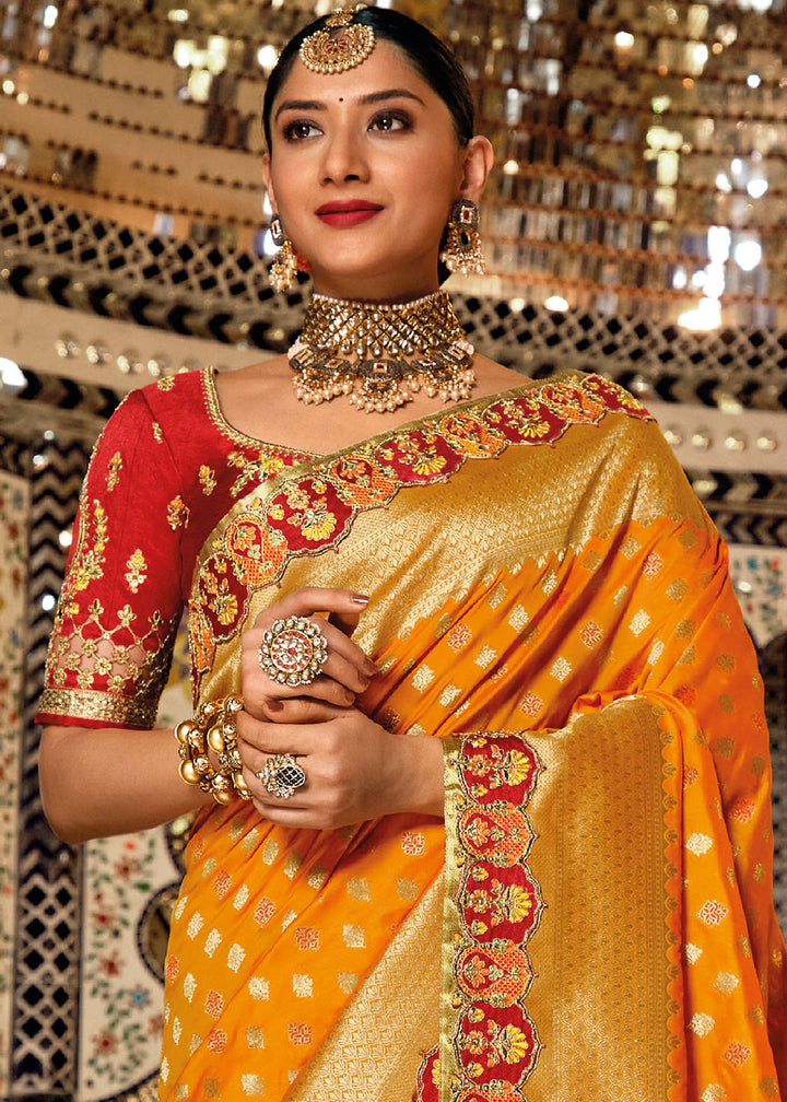 Brown & Orange Half N Half Banarasi Silk Saree with Embroidered work