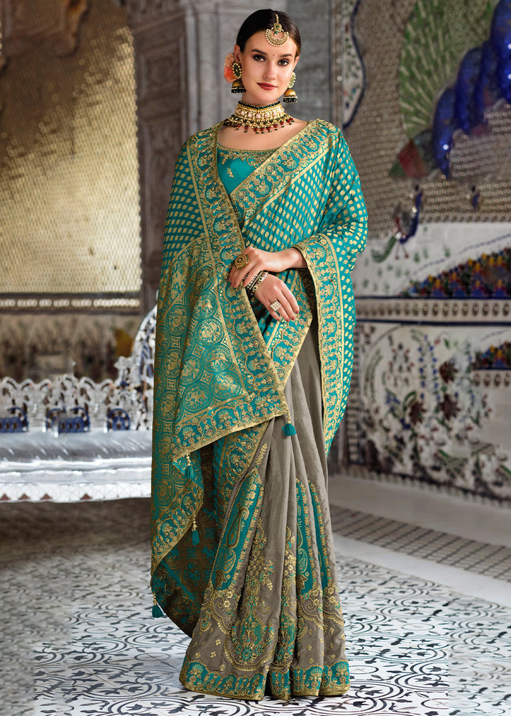 Grey & Blue Half N Half Banarasi Silk Saree with Embroidered work