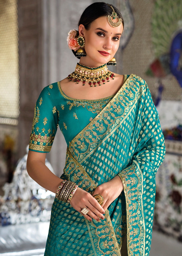 Grey & Blue Half N Half Banarasi Silk Saree with Embroidered work