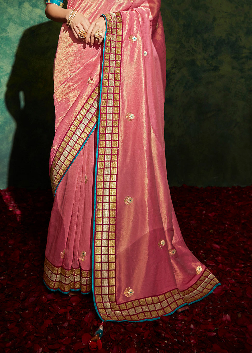 Watermelon Pink Designer Silk Saree with Contrast Blouse