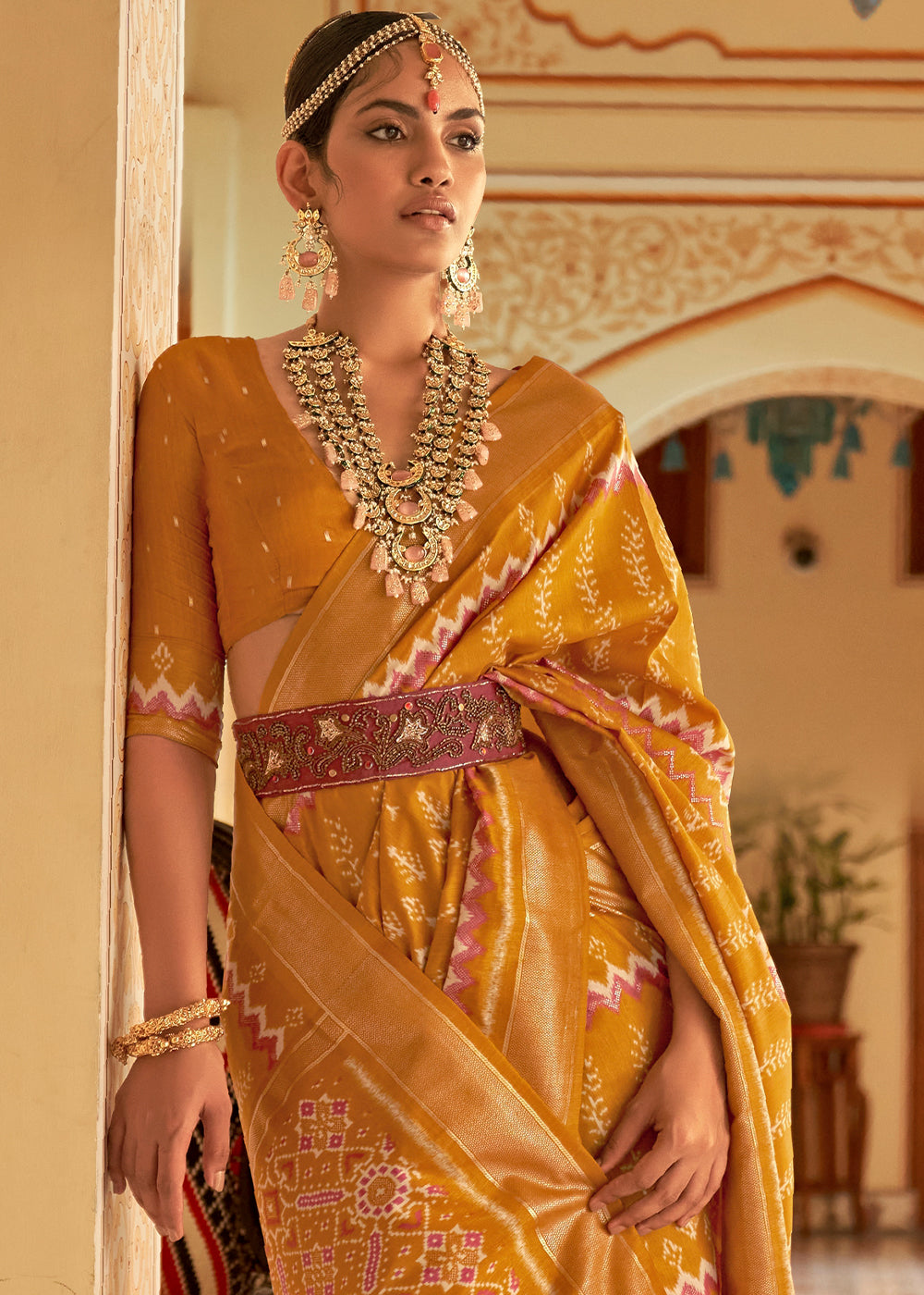Honey Yellow Designer Printed Silk Saree