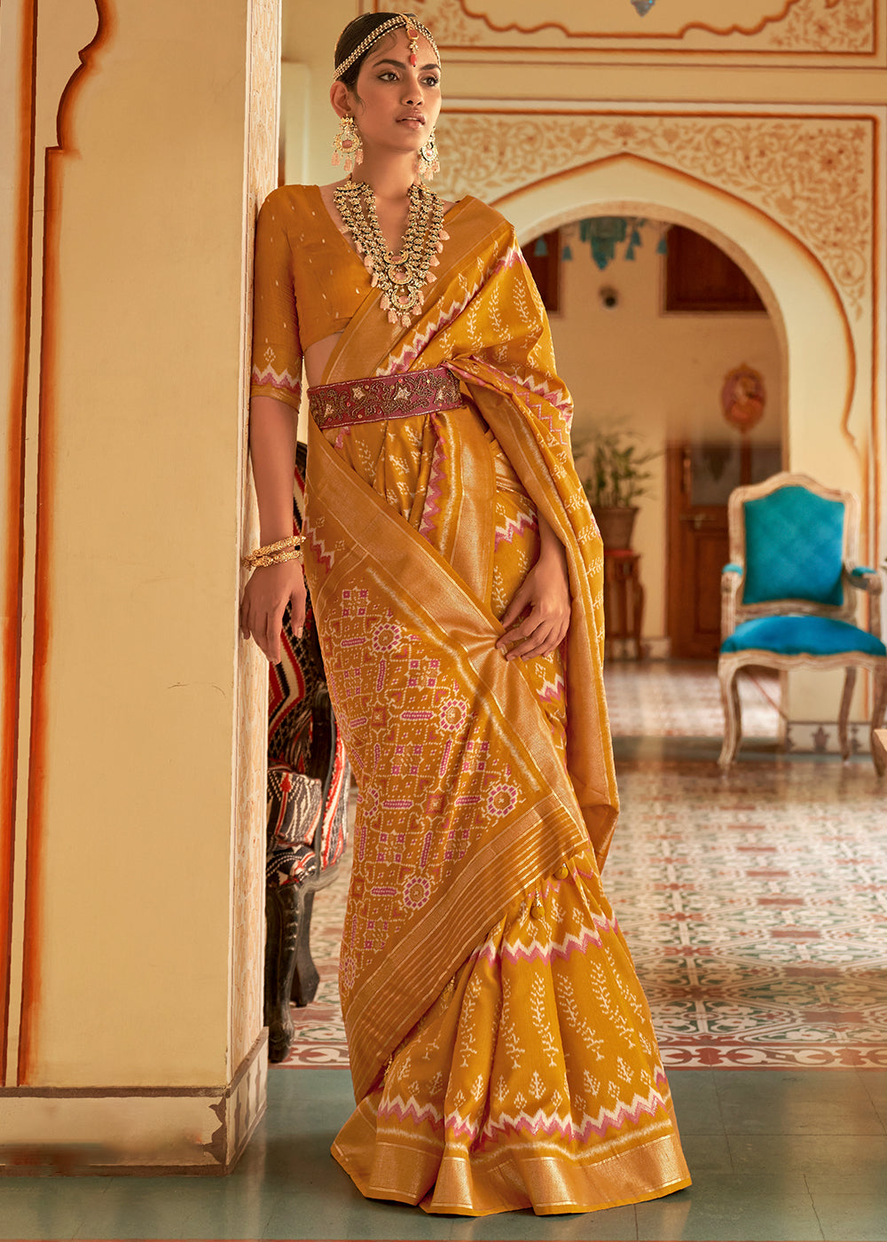 Honey Yellow Designer Printed Silk Saree