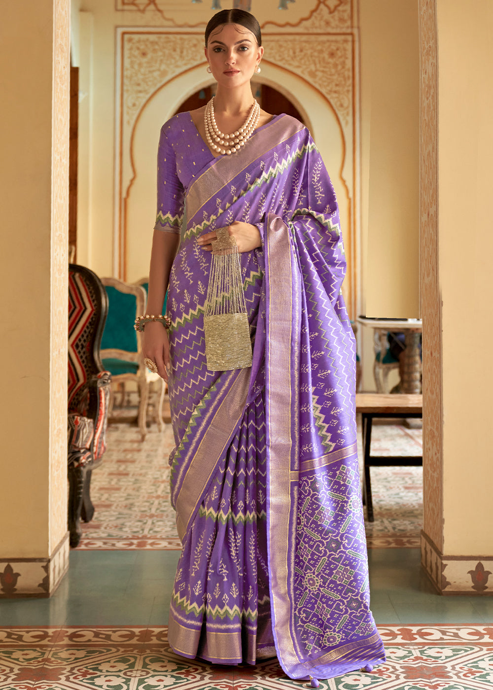 Orchid Purple Designer Printed Silk Saree