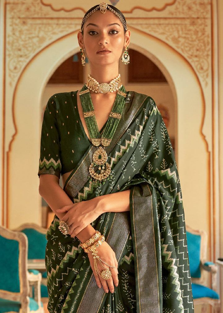 Juniper Green Designer Printed Silk Saree