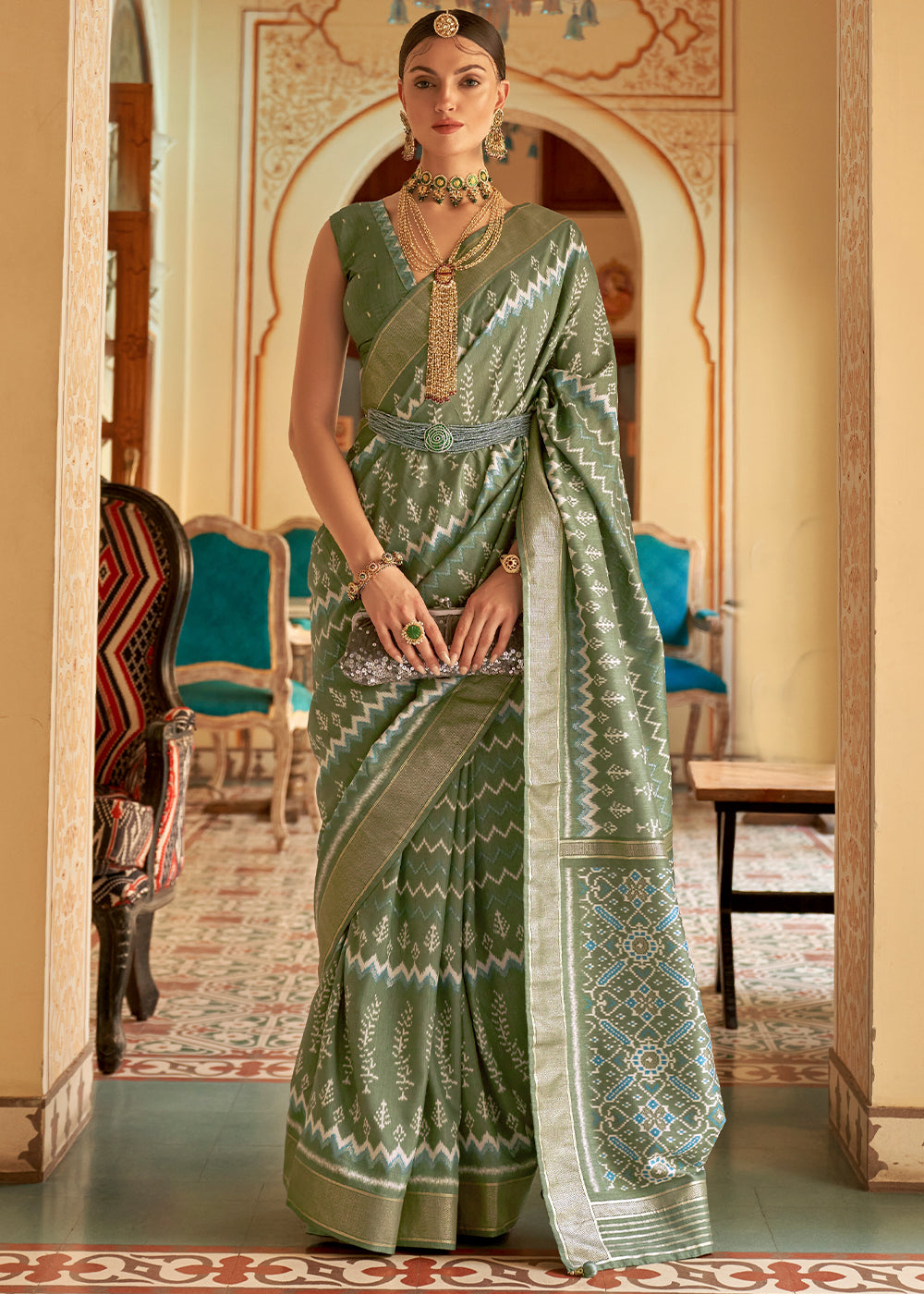 Pistachio Green Designer Printed Silk Saree