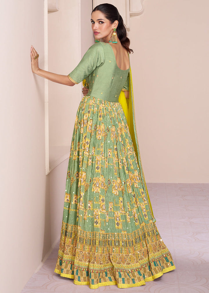 Pastel Green Chinon Silk Anarkali Gown with Intricate Embroidery work