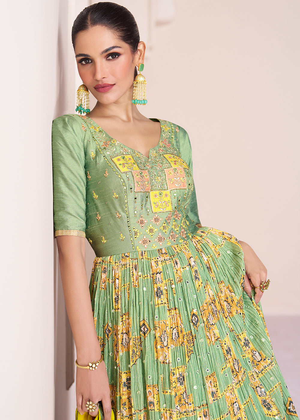 Pastel Green Chinon Silk Anarkali Gown with Intricate Embroidery work