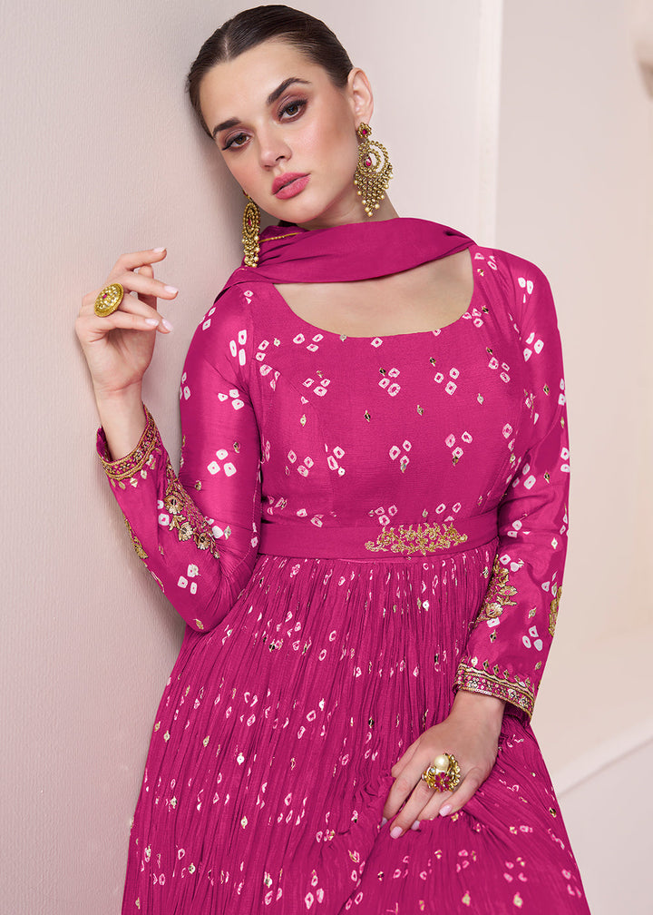 Hot Pink Bandhani Printed Chinon Silk Anarkali Gown with Intricate Embroidery work
