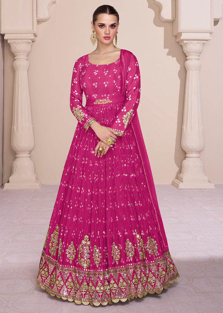 Hot Pink Bandhani Printed Chinon Silk Anarkali Gown with Intricate Embroidery work