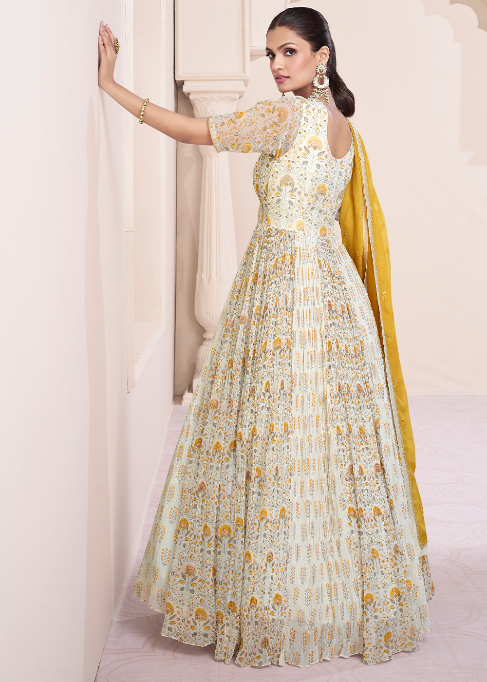 Parchment White Georgette Anarkali Gown with Intricate Embroidery work