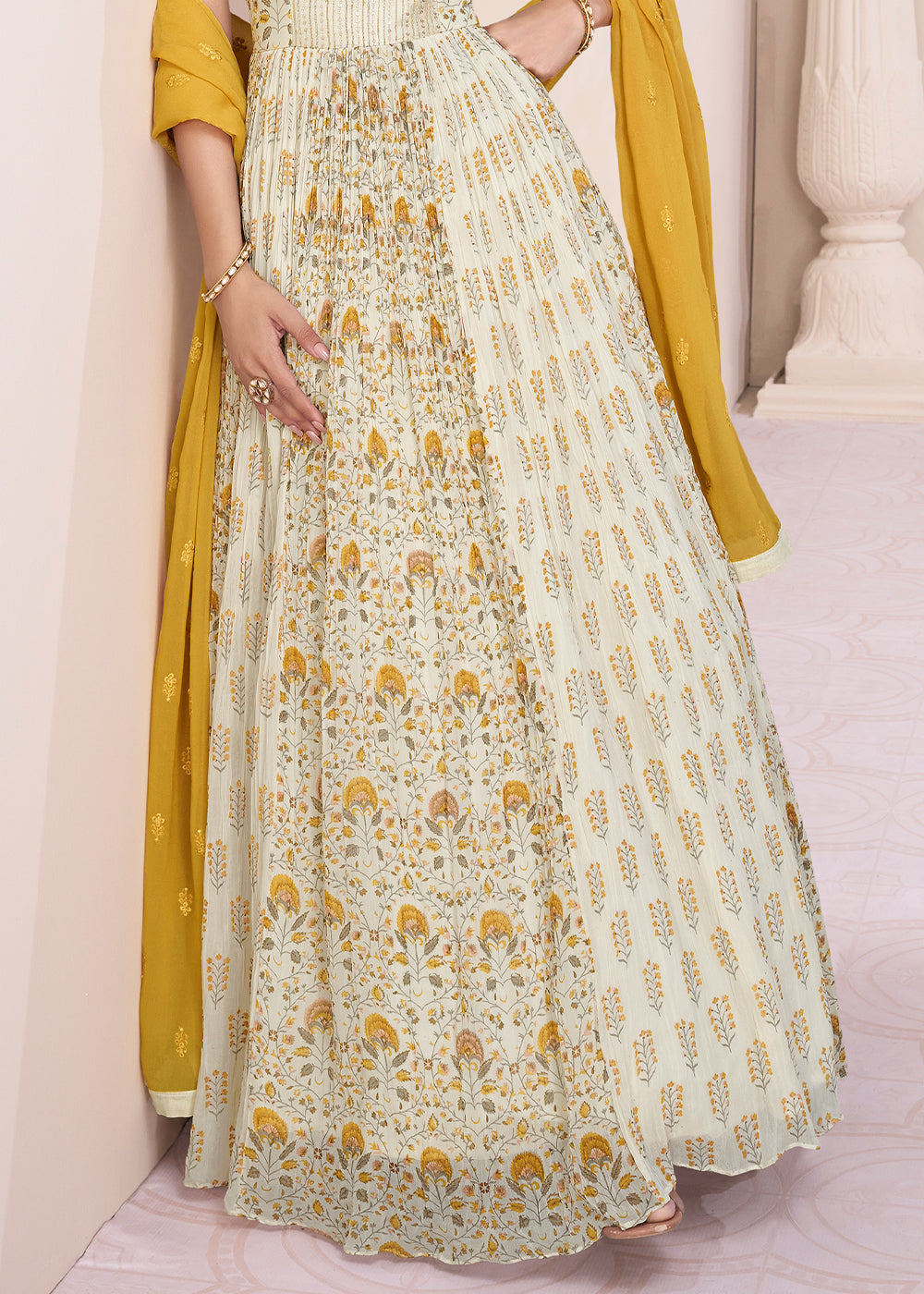 Parchment White Georgette Anarkali Gown with Intricate Embroidery work