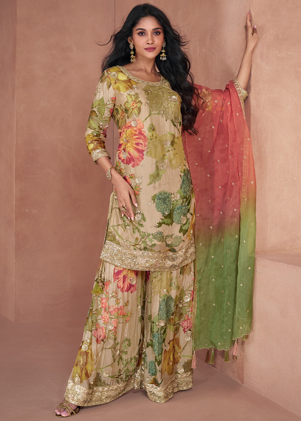 Beige Brown Floral Printed Georgette Plazzo Suit with Sequence work