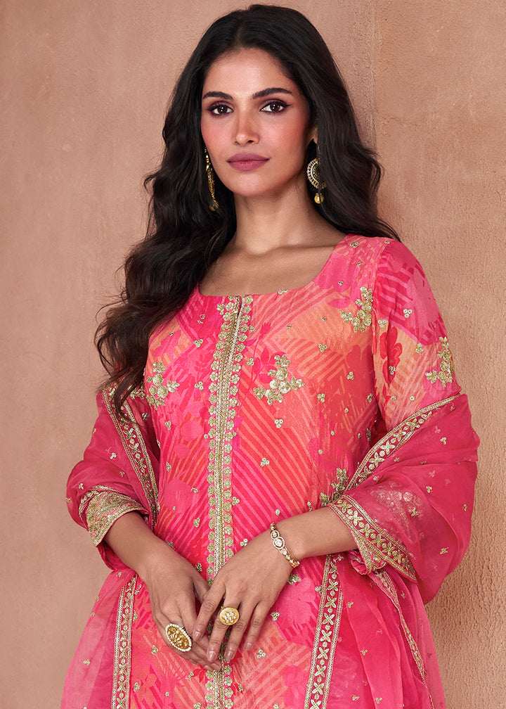 Shades Of Pink Floral Printed Georgette Sharara Suit with Sequence work