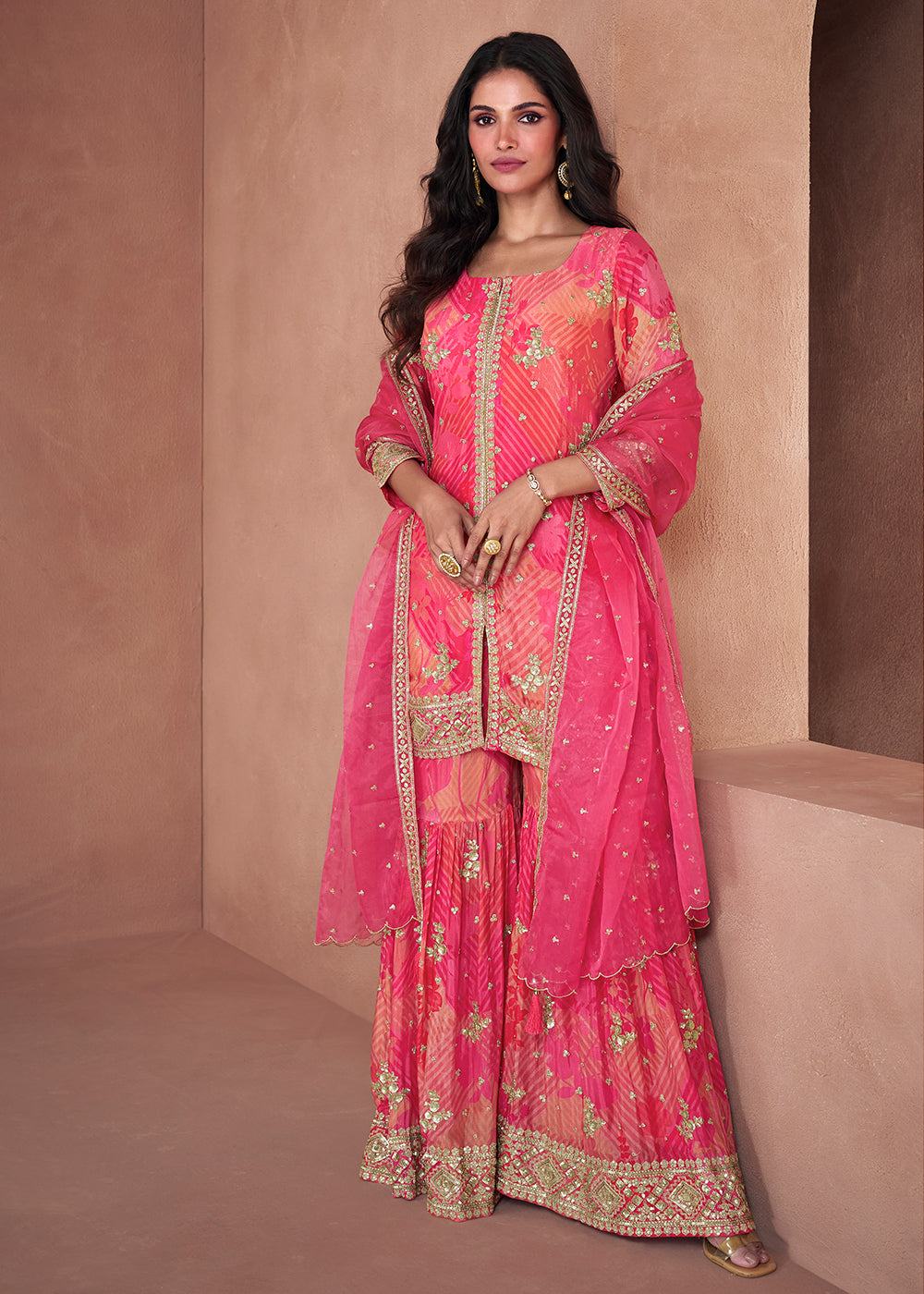 Shades Of Pink Floral Printed Georgette Sharara Suit with Sequence work