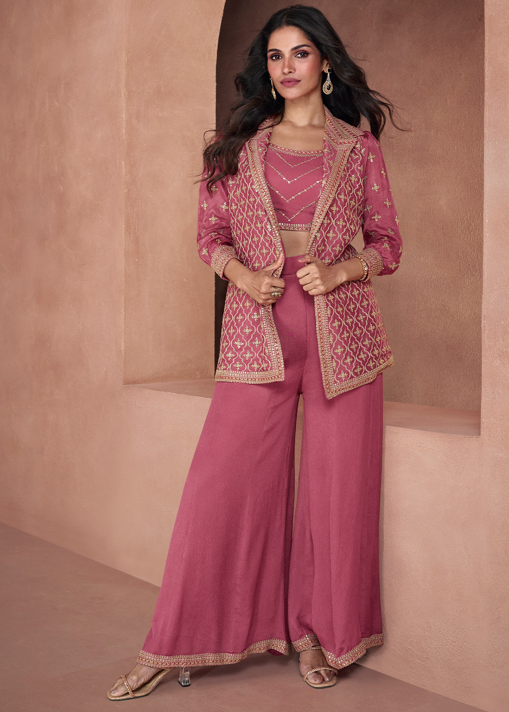 Frence Rose Pink Chinon Silk Plazzo Suit with Short Jacket