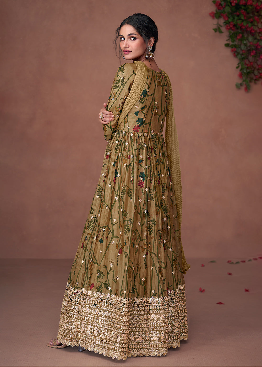 Army Green Floral Printed Organza Silk Anarkali Suit with Embroidery work