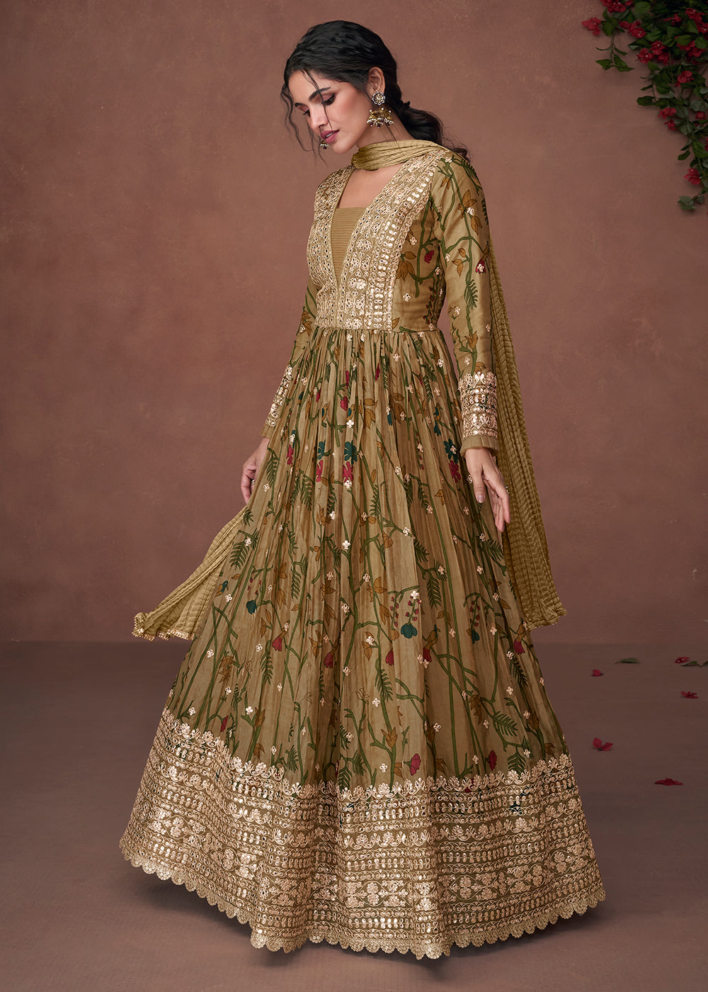 Army Green Floral Printed Organza Silk Anarkali Suit with Embroidery work