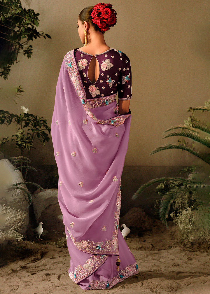 Lavender Purple Dola Silk Saree with Hand Embroidery work