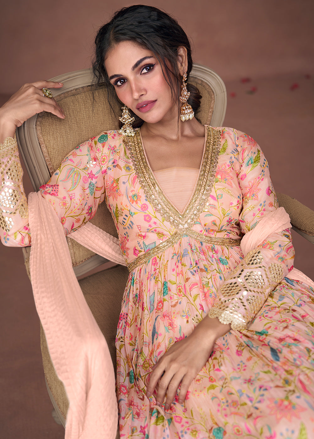 Light Pink Floral Printed Organza Silk Anarkali Suit with Embroidery work