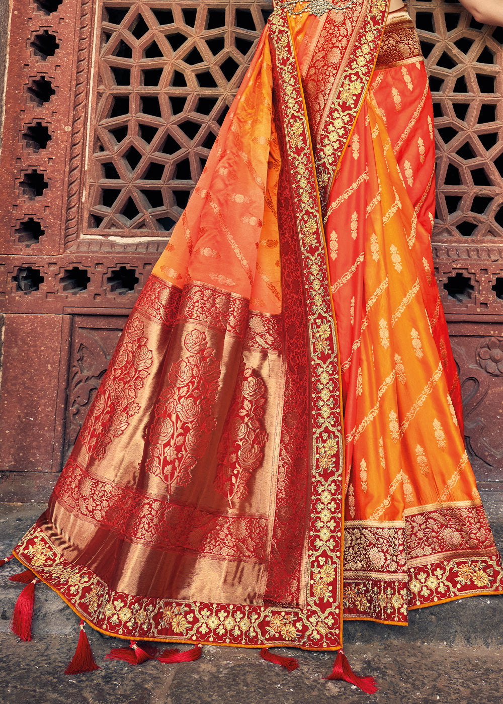 Orange & Red Zari Woven Banarasi Silk Saree with Embroidered Blouse