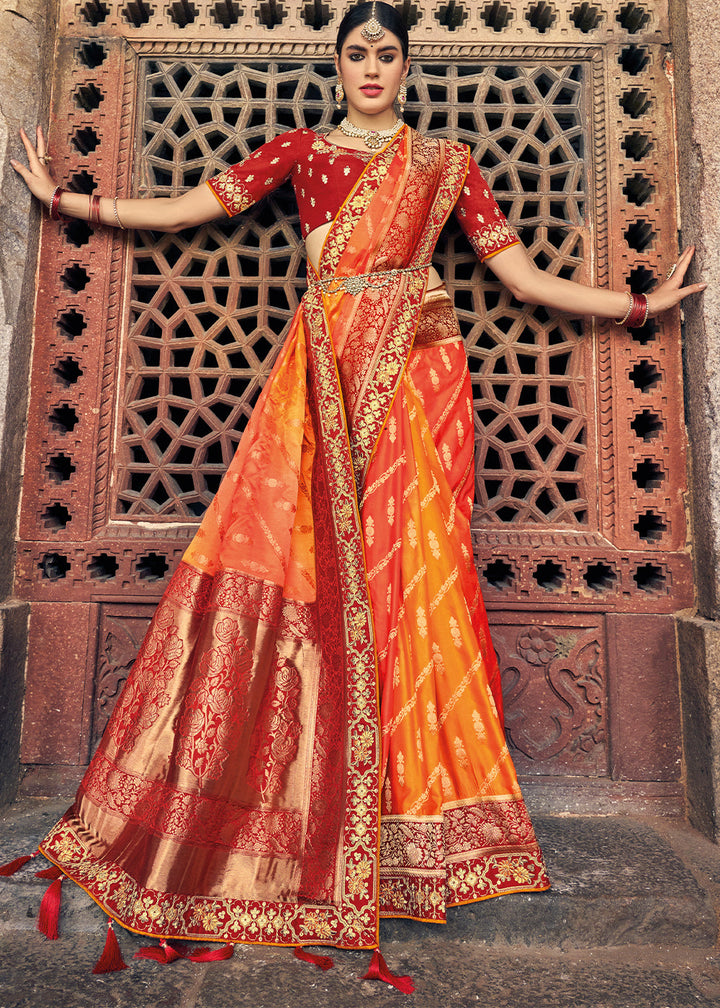Orange & Red Zari Woven Banarasi Silk Saree with Embroidered Blouse