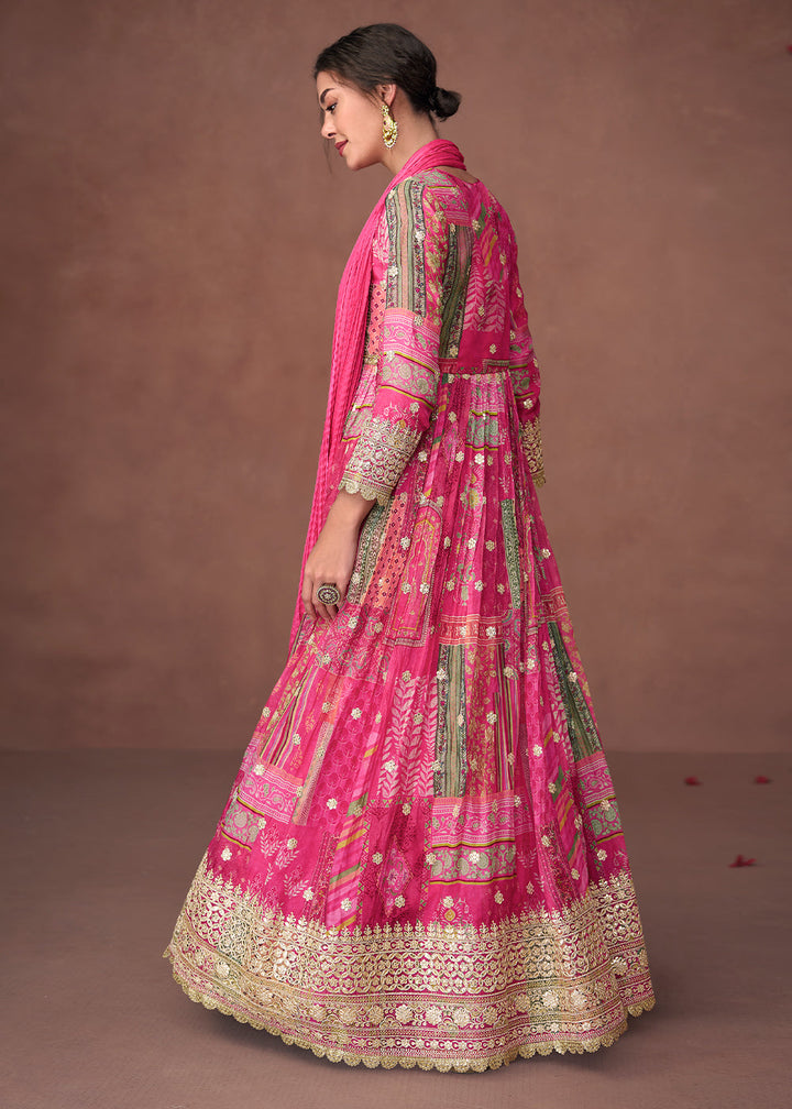 Hot Pink Floral Printed Organza Silk Anarkali Suit with Embroidery work(Pre-Order)