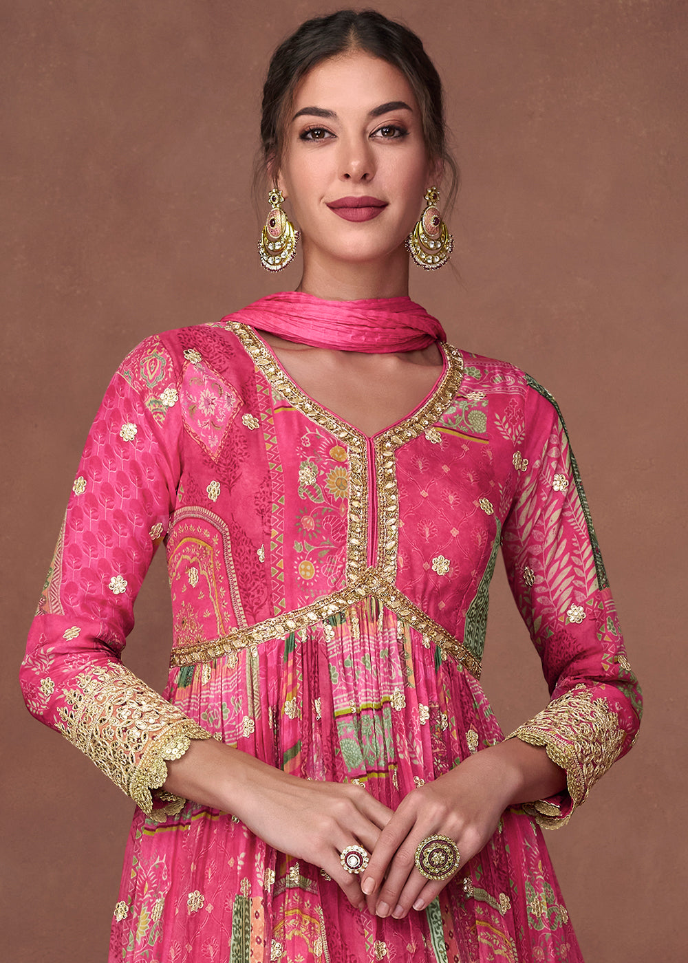 Hot Pink Floral Printed Organza Silk Anarkali Suit with Embroidery work(Pre-Order)