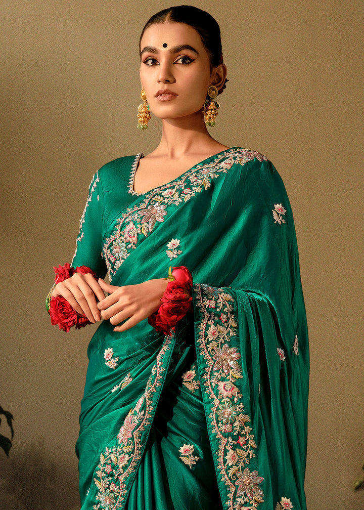 Dark Greasy Green Dola Silk Saree with Hand Embroidery work