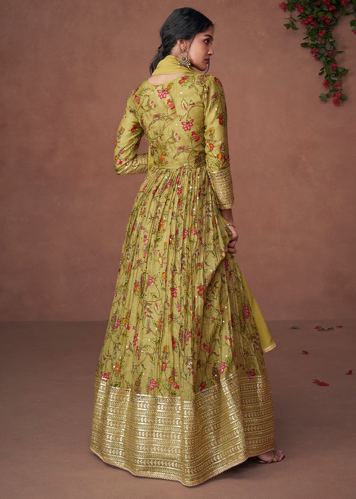 Mehendi Green Floral Printed Organza Silk Anarkali Suit with Embroidery work