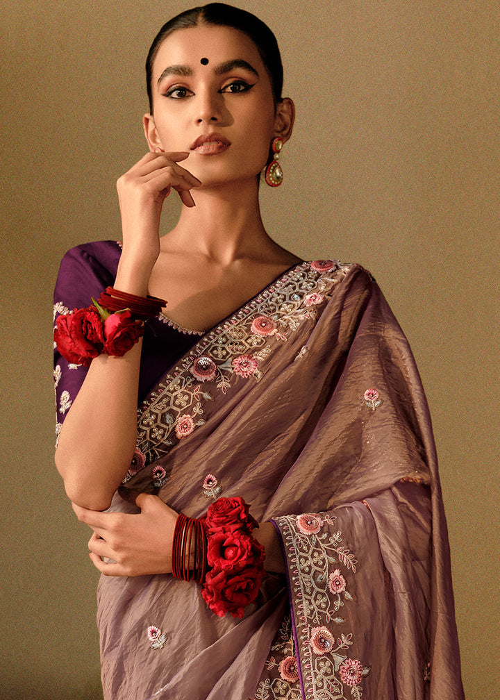 Tortilla Brown Dola Silk Saree with Hand Embroidery work