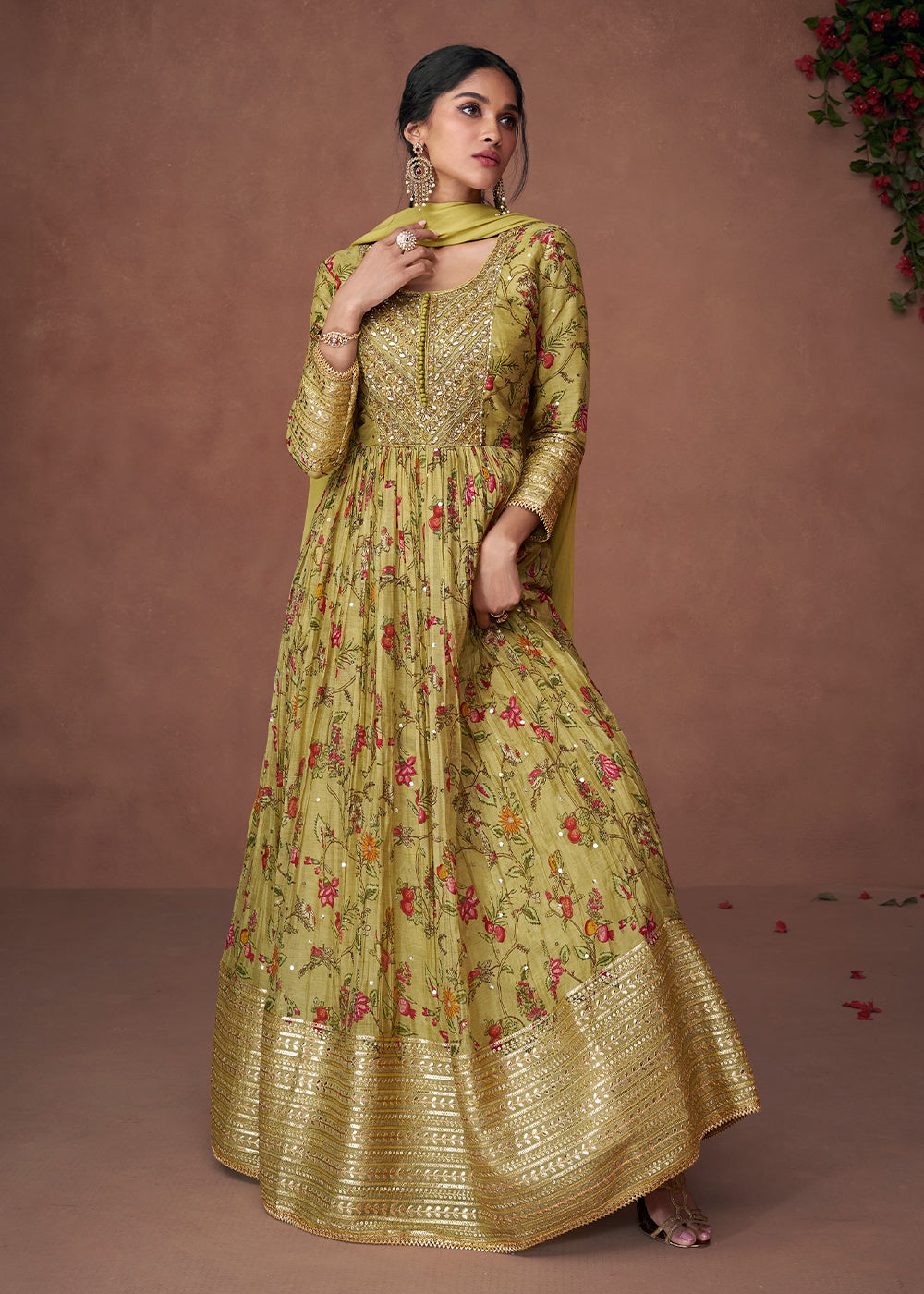 Mehendi Green Floral Printed Organza Silk Anarkali Suit with Embroidery work(Pre-Order)