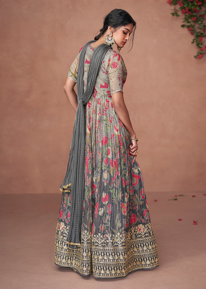 Shades Of Grey Floral Printed Organza Silk Anarkali Suit with Embroidery work