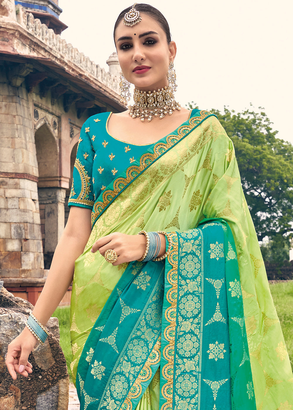 Green & Blue Zari Woven Banarasi Silk Saree with Embroidered Blouse