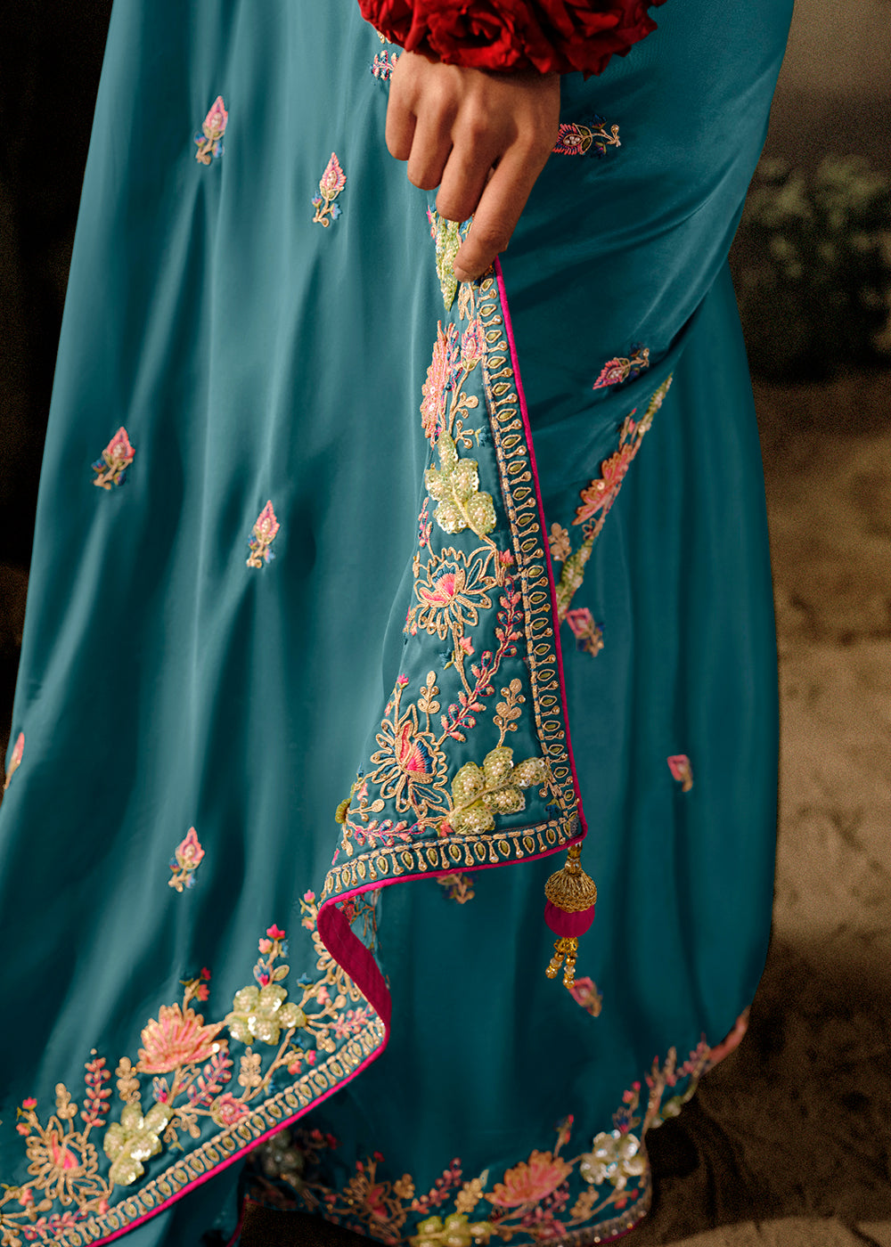 Dark Olympic Blue Dola Silk Saree with Hand Embroidery work