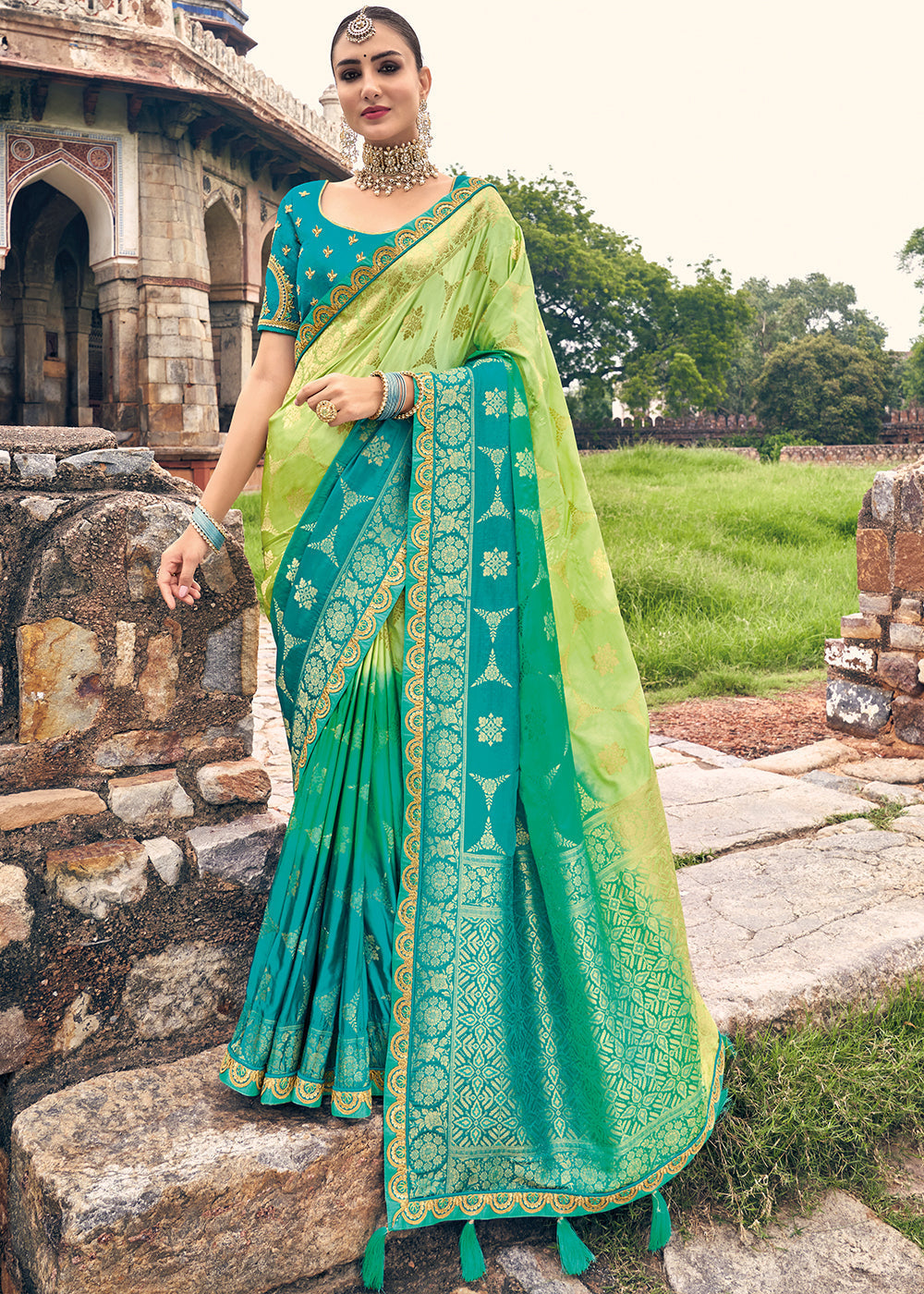 Green & Blue Zari Woven Banarasi Silk Saree with Embroidered Blouse