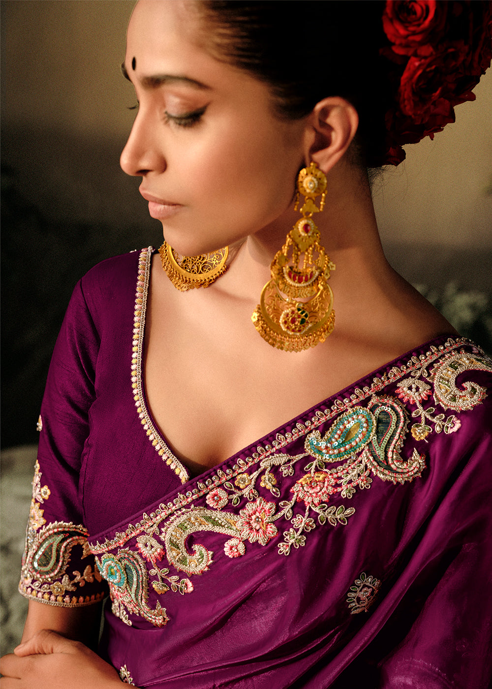 Mardi Gras Purple Dola Silk Saree with Hand Embroidery work